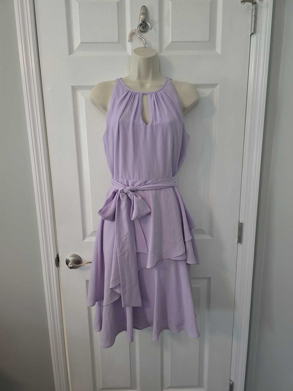 Tahari ASL Lilac Halter Tiered Midi Dress with Waist Tie